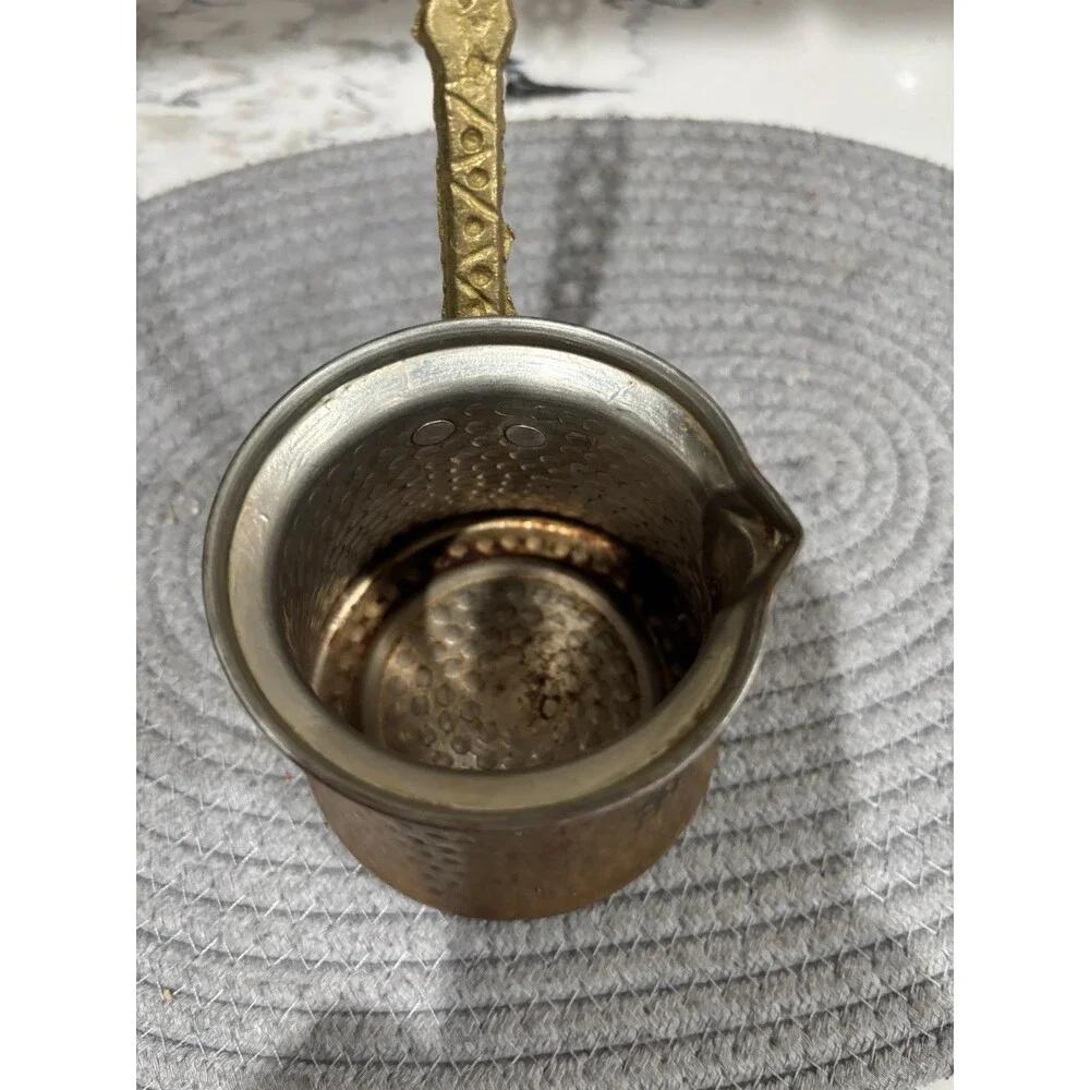 Vintage Hammered Copper Turkish Coffee Pot With Intricate Brass Handle